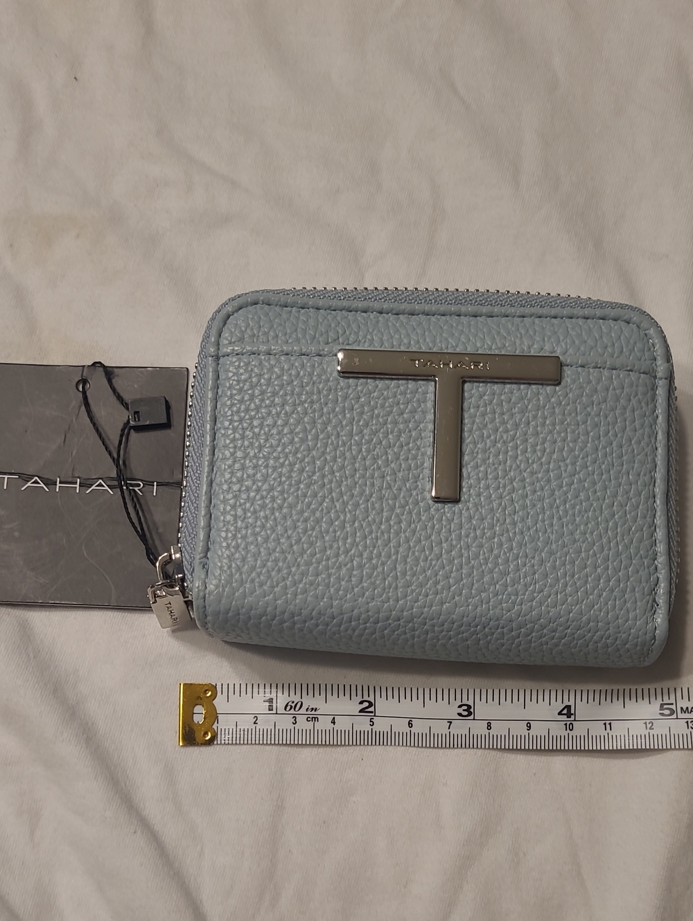Tahari Sky Blue Pebbled Leather Zip Card Holder with T-Logo